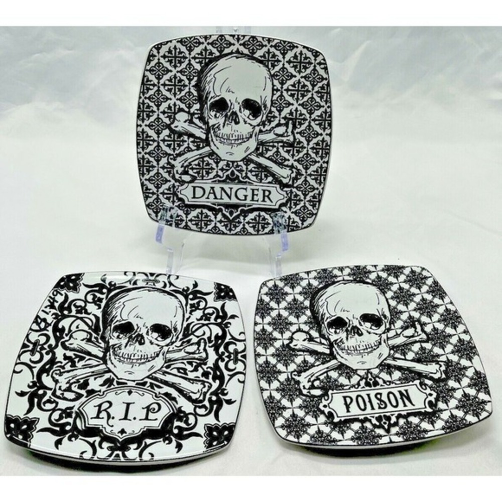 222 Fifth Halloween Skulls Salad Plates Set 3 Black & White Gothic